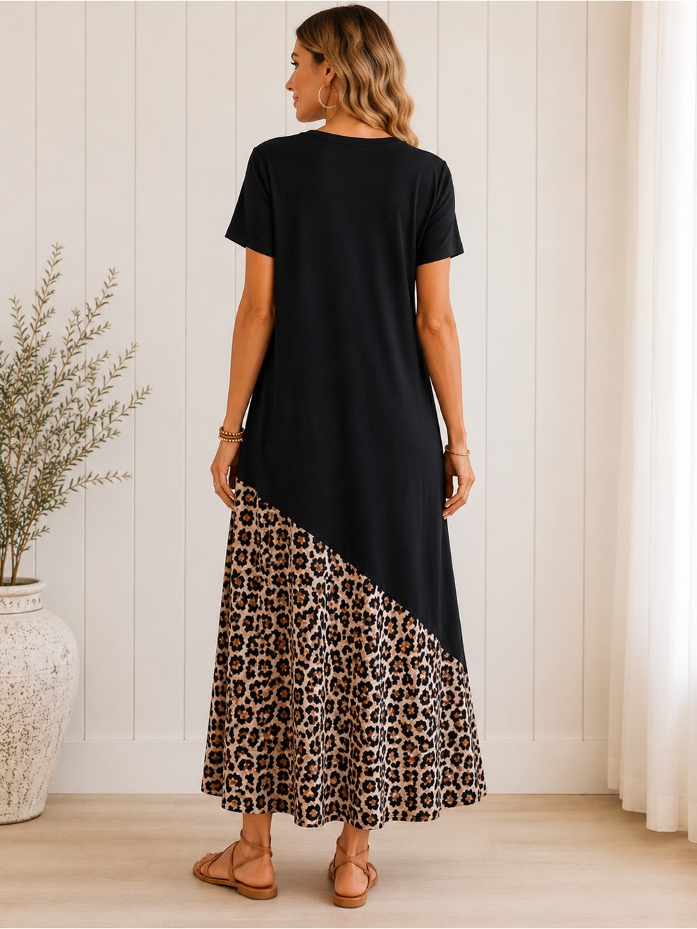 NEW Leopard Color Block Maxi Dress Size Large Casual Chic Flowy - Picture 4 of 11